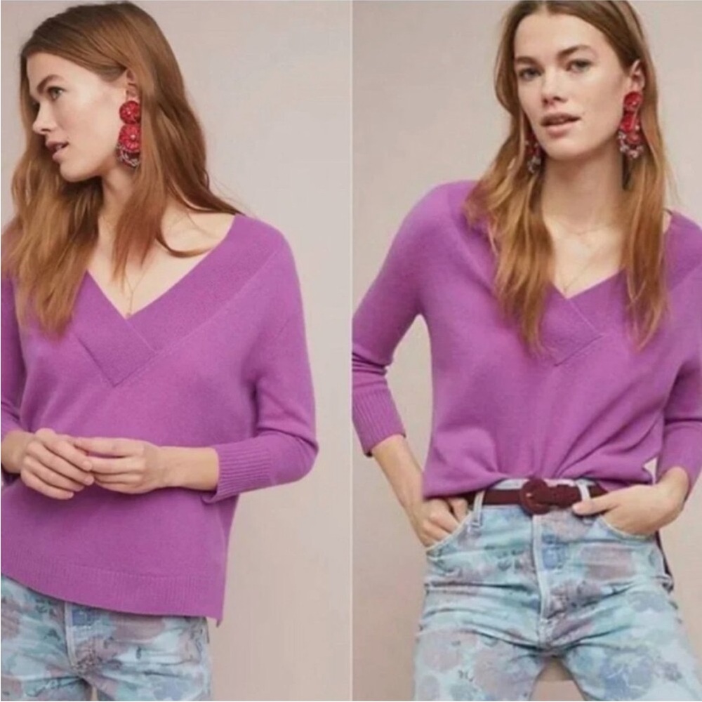 Anthropologie V-Neck Purple Cashmere Sweater 3/4 sleeves